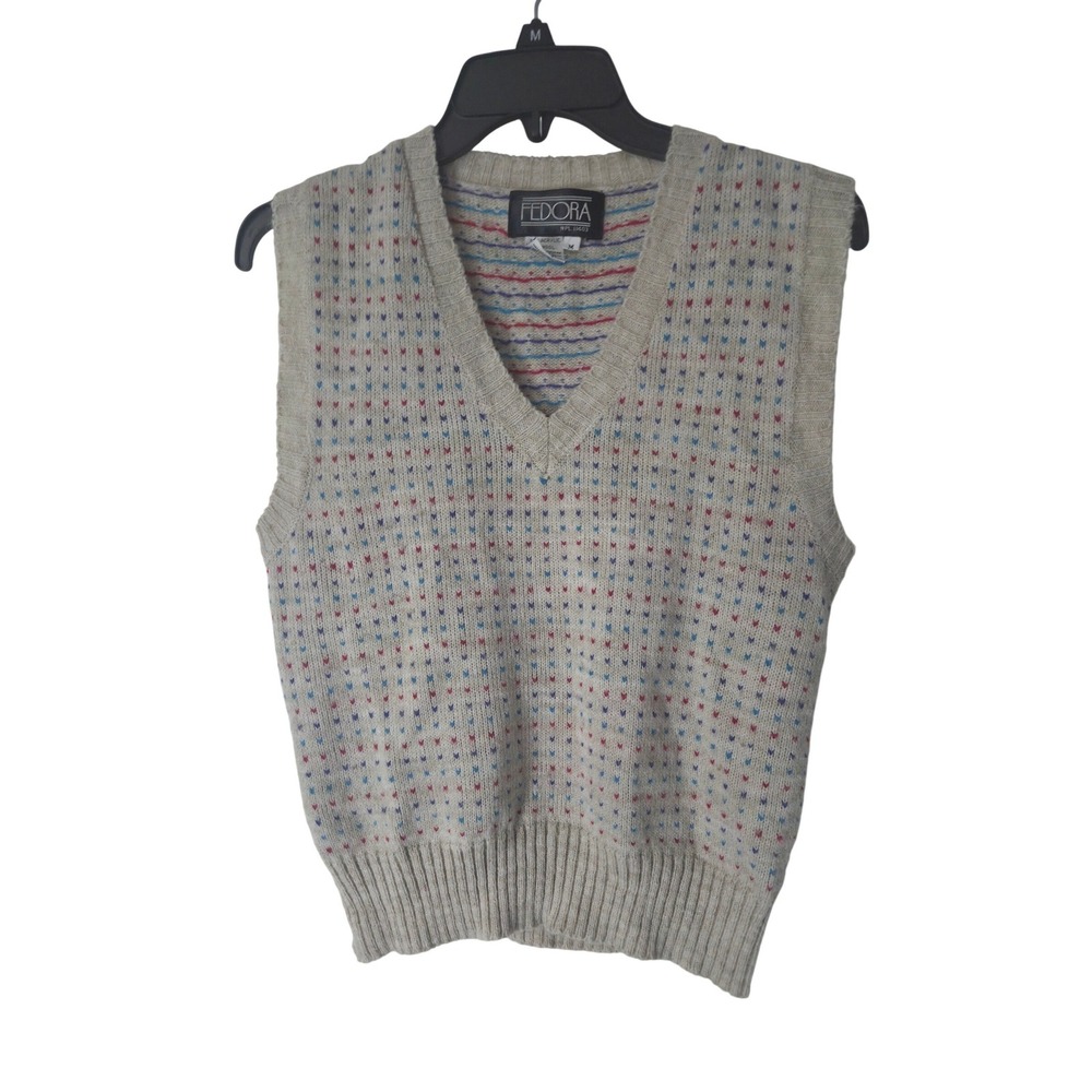 FEDORA Vintage V Neck Sweater Vest Women's Size M Knit Fair Isle Tan Blue Red